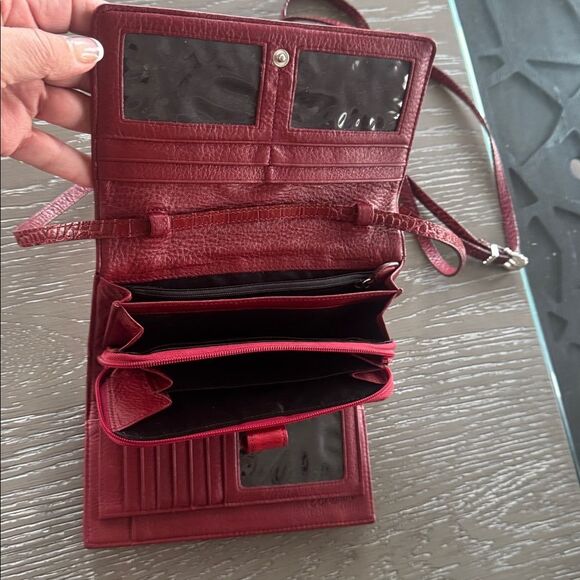 Brighton Red Leather Croc Heart Accent Stitched Crossbody Bag Wallet Organizer - Picture 3 of 16